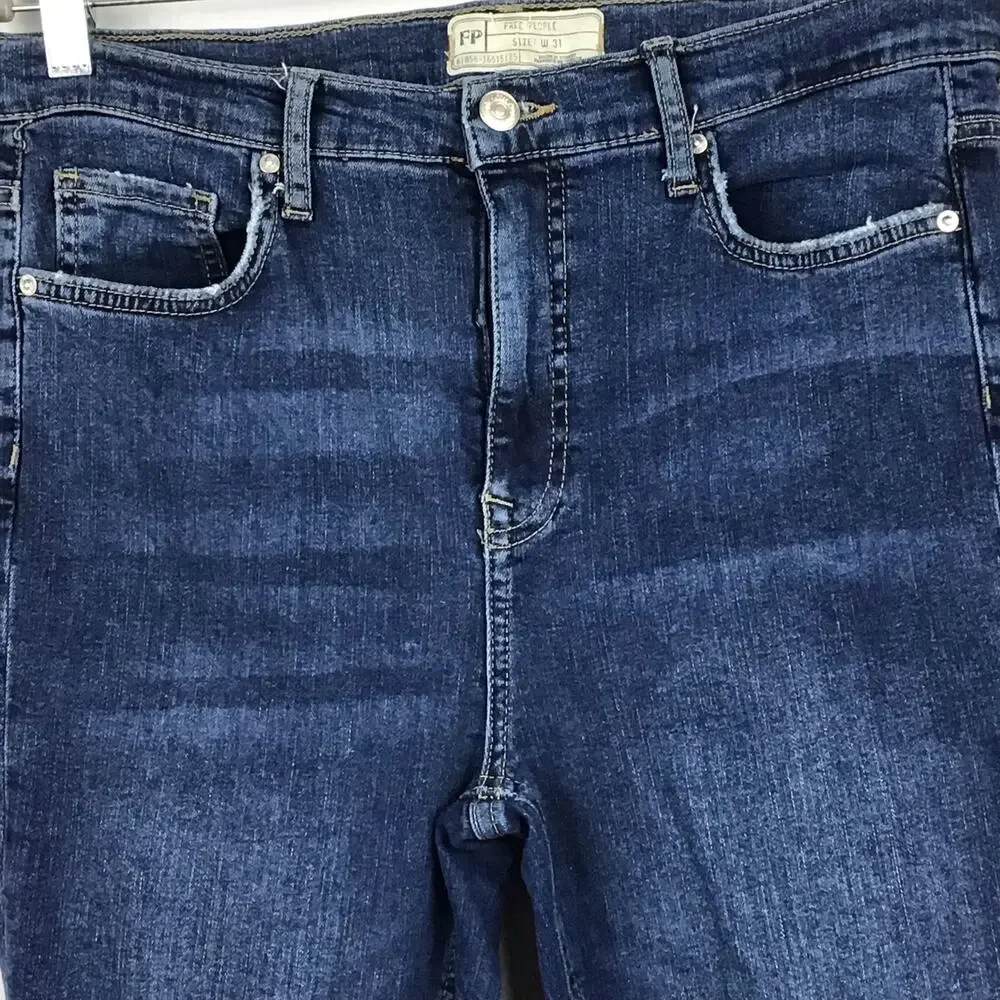 FREE PEOPLE Jeans Busted Knee Stretch Dark Blue Wash Skinny Ankle Crop sz 31 - Picture 10 of 11
